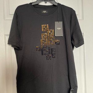 Men's Fendi Black and Gold Sequin Cotton TShirt